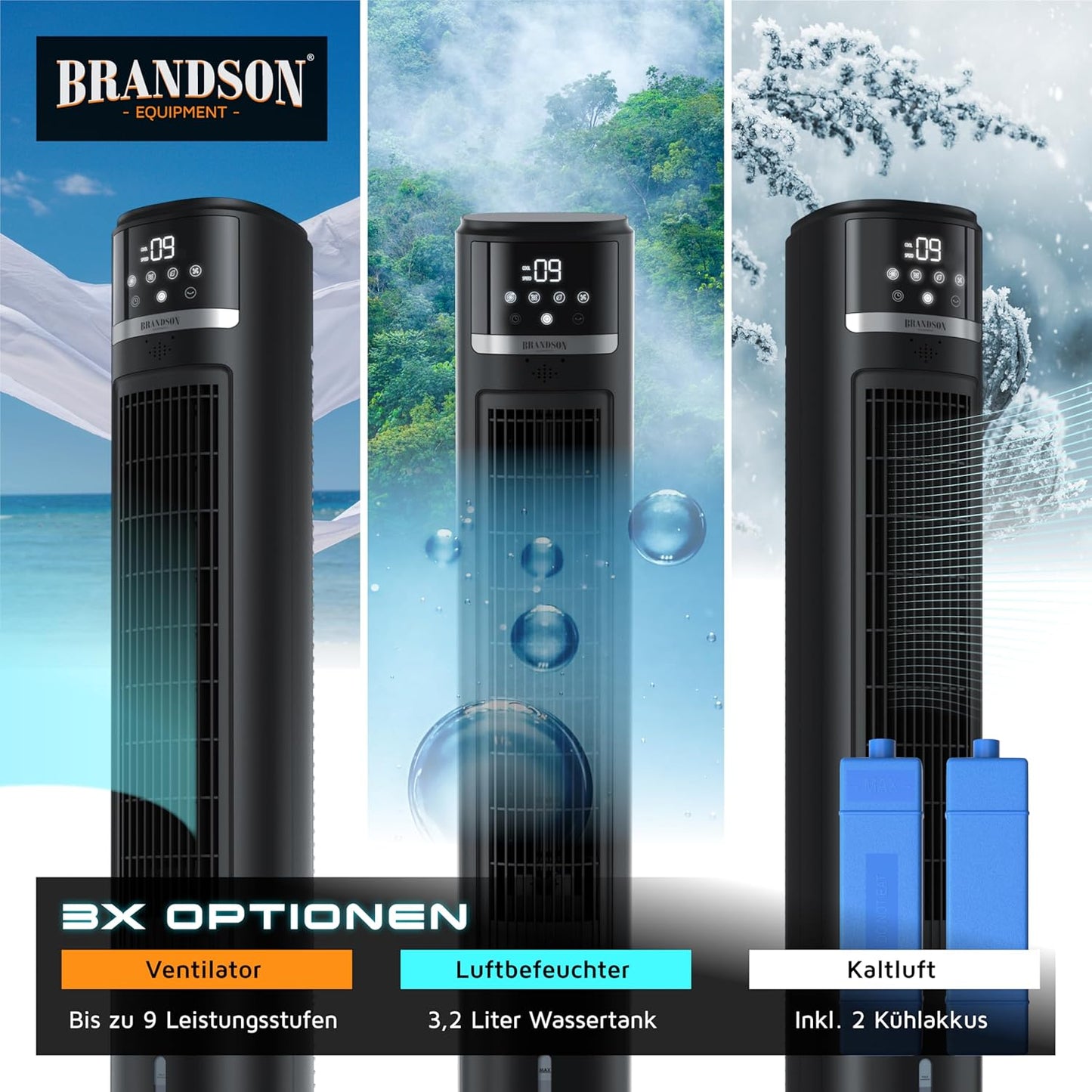 Brandson – mobiler Luftkühler mit Wasserkühlung im ECO Design - DC Motor sehr leise - 60% Energieeinsparung - Sieger Ventilatoren und Luftkühler 2026 - Turmventilator – Oszillation – Ion Funktion