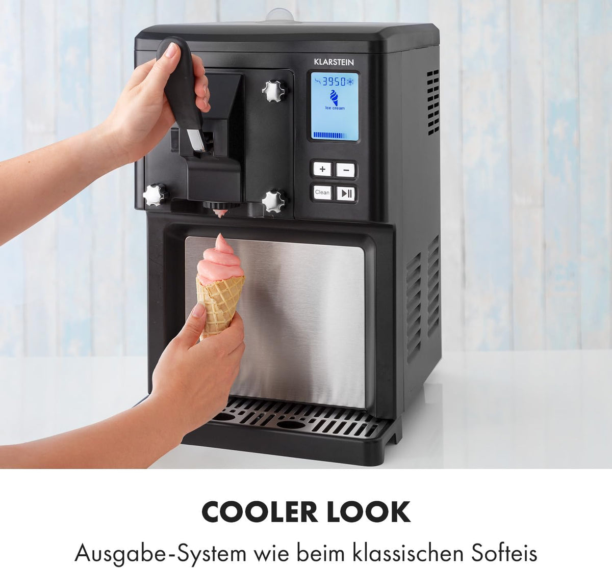 Klarstein Sweet Sundae - Eiscrememaschine, 1,5 Liter, mitselbstkühlendem Kompressor, 200 Watt, Ausgabesystem, 3 StundenAuto-Kühlhaltefunktion, Reinigungsautomatik, Edelstahl, schwarz