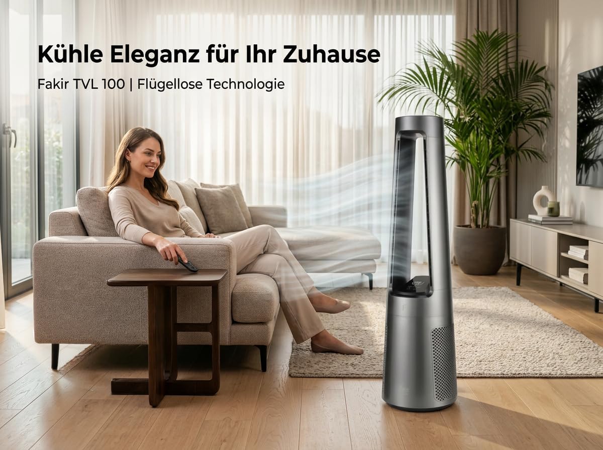 Fakir TVL 100 Flügelloser Turmventilator - DC-Motor, 12 Lüfterstufen, 30 dB(A), 60° Oszillation, 12h Timer, LED Touch Display, Fernbedienung, Anthrazit