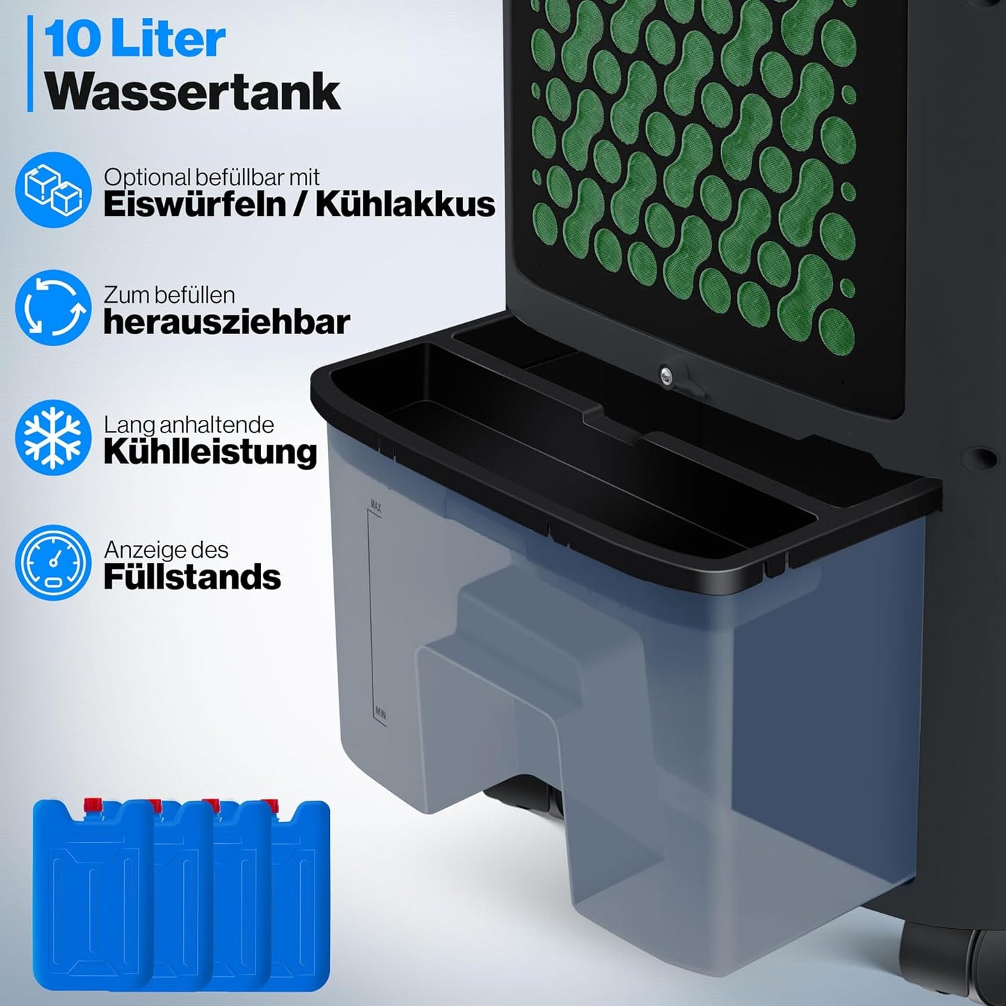 KESSER® Mobile Klimaanlage 4in1 Luftkühler – Air Cooler mit Fernbedienung & Timer, 10L Wassertank, Ionisator & Luftbefeuchter, Ventilator Klimagerät ohne Abluftschlauch, 3 Stufen inkl. Kühlakkus