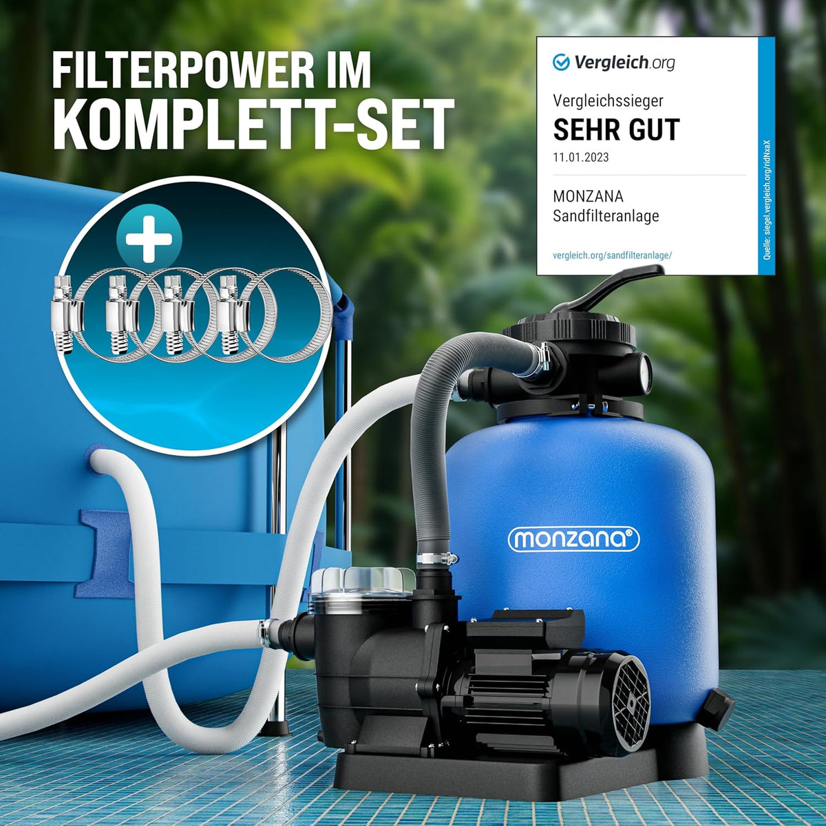 MONZANA® Sandfilteranlage 13.200L/h bis 58.000L Pool Vorfilter 7-Wege-Ventil 600W 30L Tank 2in1 Adapter Ø32-38mm Filteranlage Poolfilter Sandfilter
