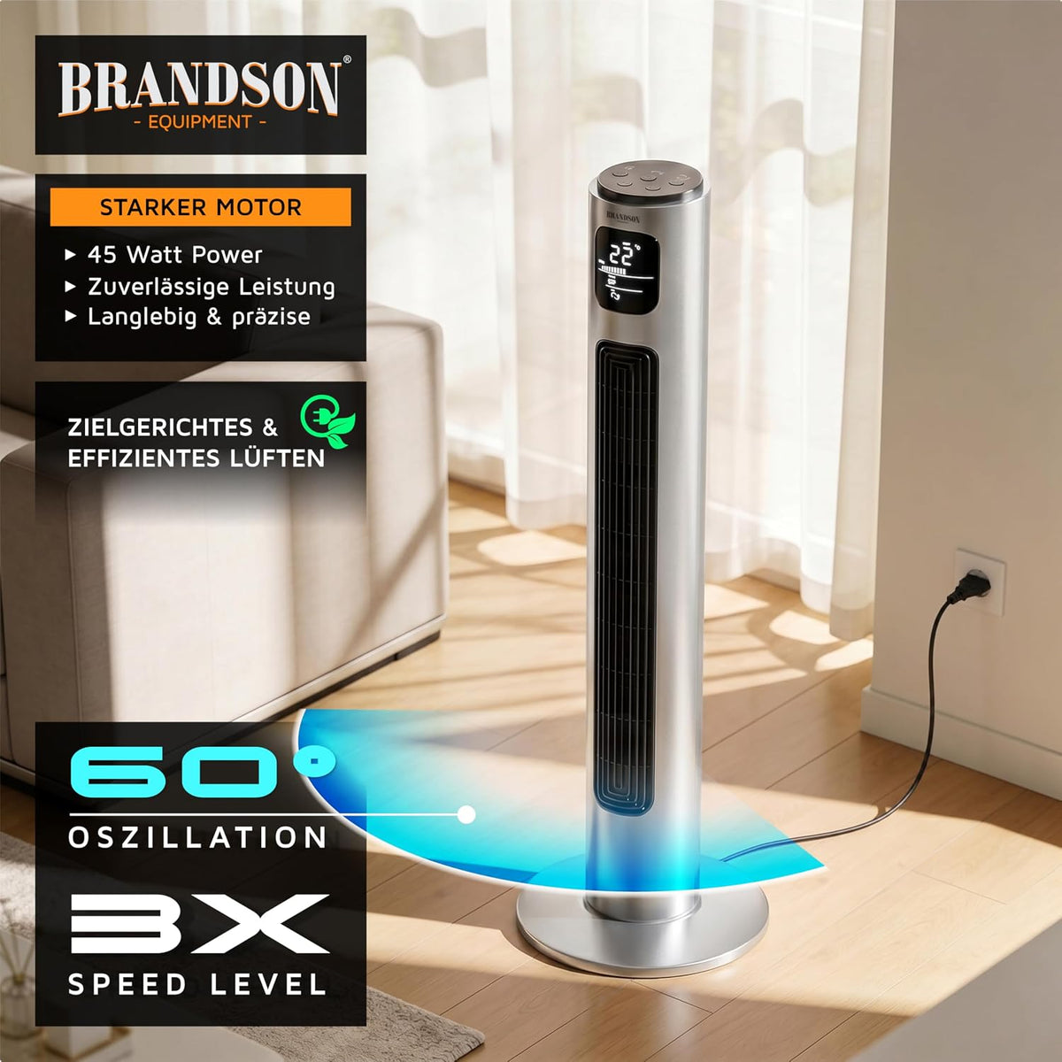 Brandson - Turmventilator mit Fernbedienung 96 cm - Preisträger 2026 - mobiler Lüfter leise - Standventilator Oszilation - 3 Geschwindigkeiten 3 Modi Timer - Ventilator mit GS - Steelsilver