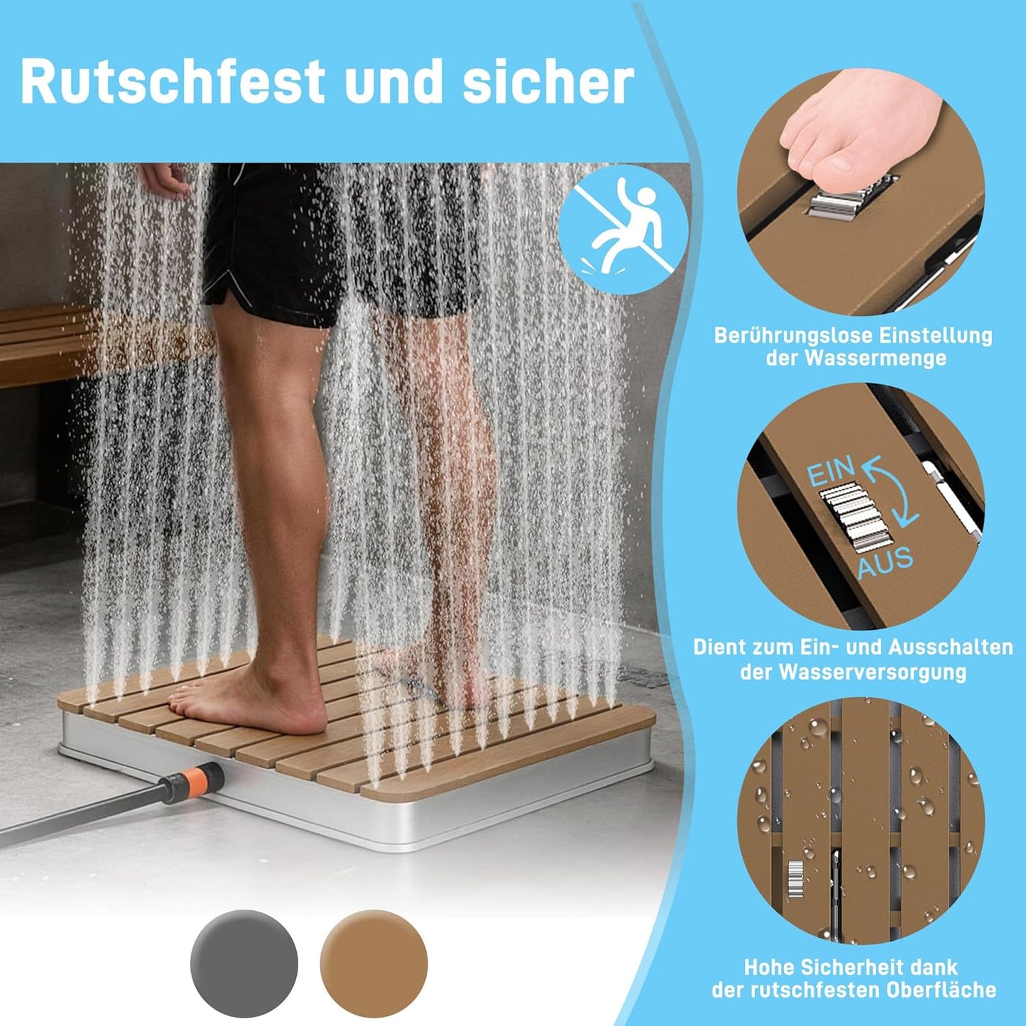 UISEBRT Gartendusche Außendusche aus WPC und Aluminium - Mobile Bodendusche Solardusche Campingdusche - Fontänenhöhe bis 4m einstellbar - für Pool Garten Terrasse (Eckig - Braun)