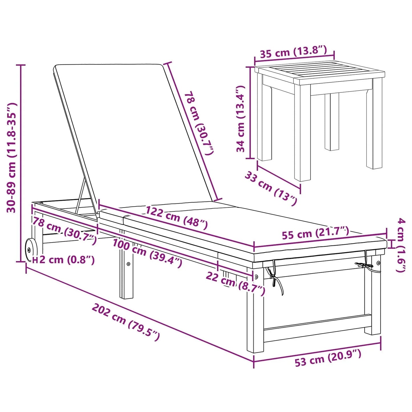 2025 Tumbonas 2 pcs con Mesa y Cojines de Madera Maciza de Acacia, Tumbona con Cojines Crema de Madera Maciza de Acacia, Mesa Lateral de Jardín 35x35x34 cm de Madera Maciza de Acacia V8526
