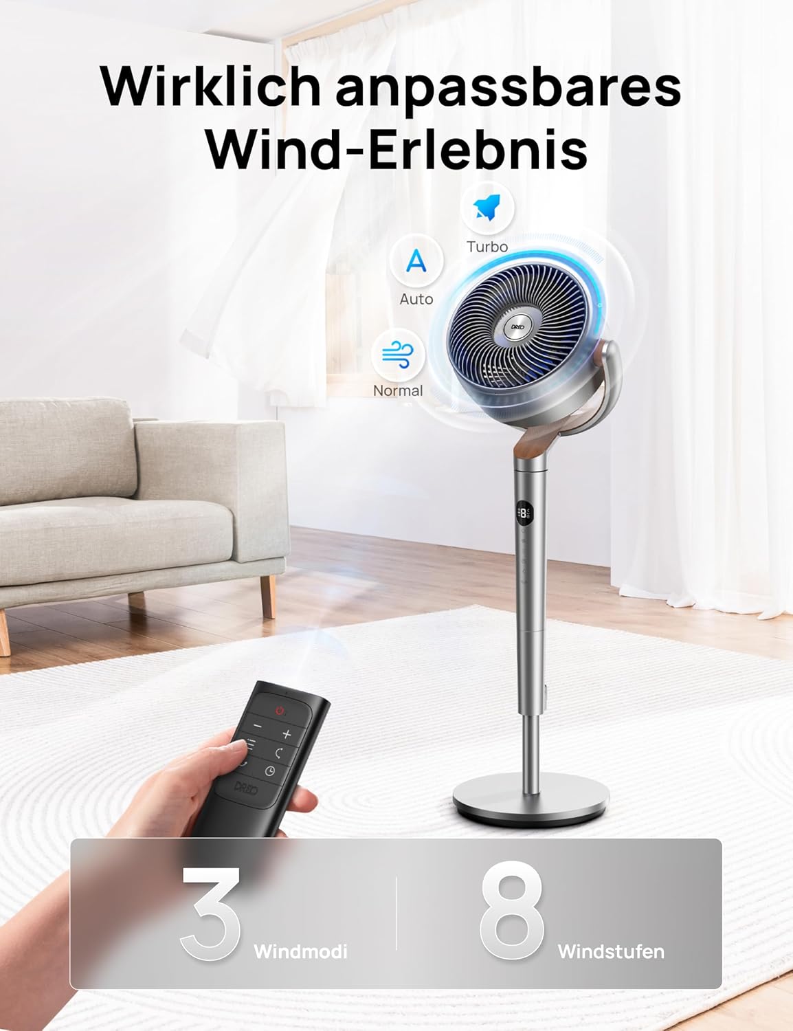 Dreo 20dB leiser Standventilator, 120°+120° Omni-direktionale oszillierende Ventilator, 26M Windentfernung, 1200m³/h Luftvolumen Echt Turbo-Luftzirkulator Fans, 102CM Höhe 3 Modi 8-Geschwindigkeit
