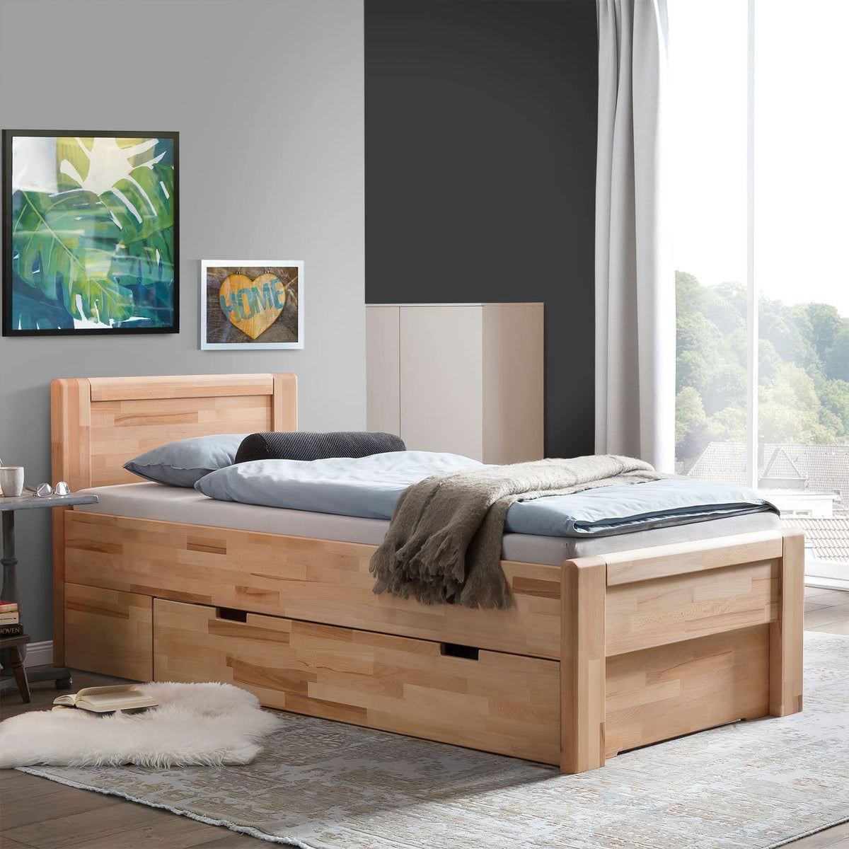 Ewen Seniorenbett Massivholz 90x200 cm mit Schubkasten Komforthöhe aus geölter Kernbuche, Natur, mit Auflageleisten, 48 cm Einstiegshöhe, Belastbarkeit: 160 kg, Bettgestell