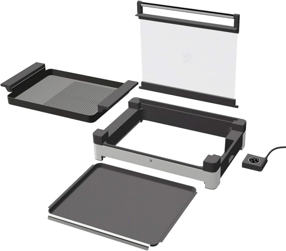 WMF Lono Tischgrill elektrisch mit Glasdeckel, beschichtete Grillplatte, herausnehmbare Auffangschale, spülmaschinenfest, Edelstahl matt, 2200 Watt