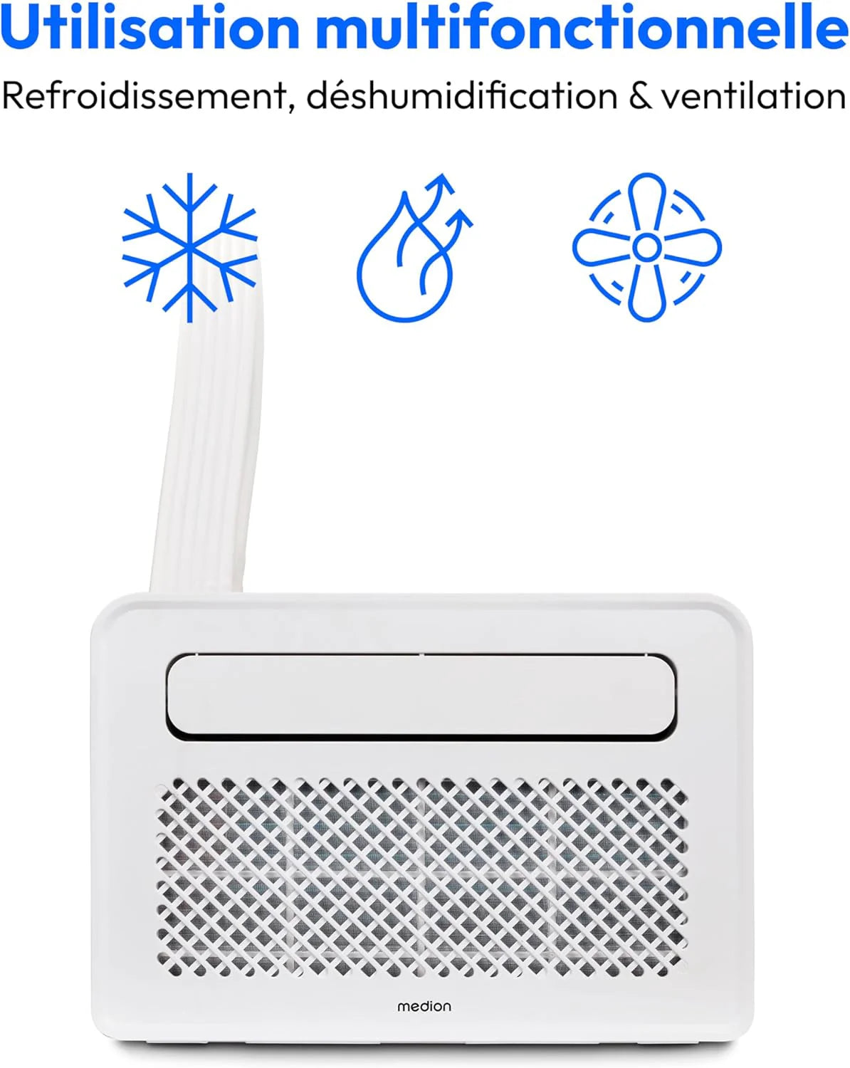 MEDION Smart Climatiseur Split P502 (5000 BTU, 3-en-1, Refroidir, Déshumidification, Ventilation, pour caravane, camping-car, kit de joint de fenêtre, mode sommeil, contrôle Wifi, Écran, MD 37735)