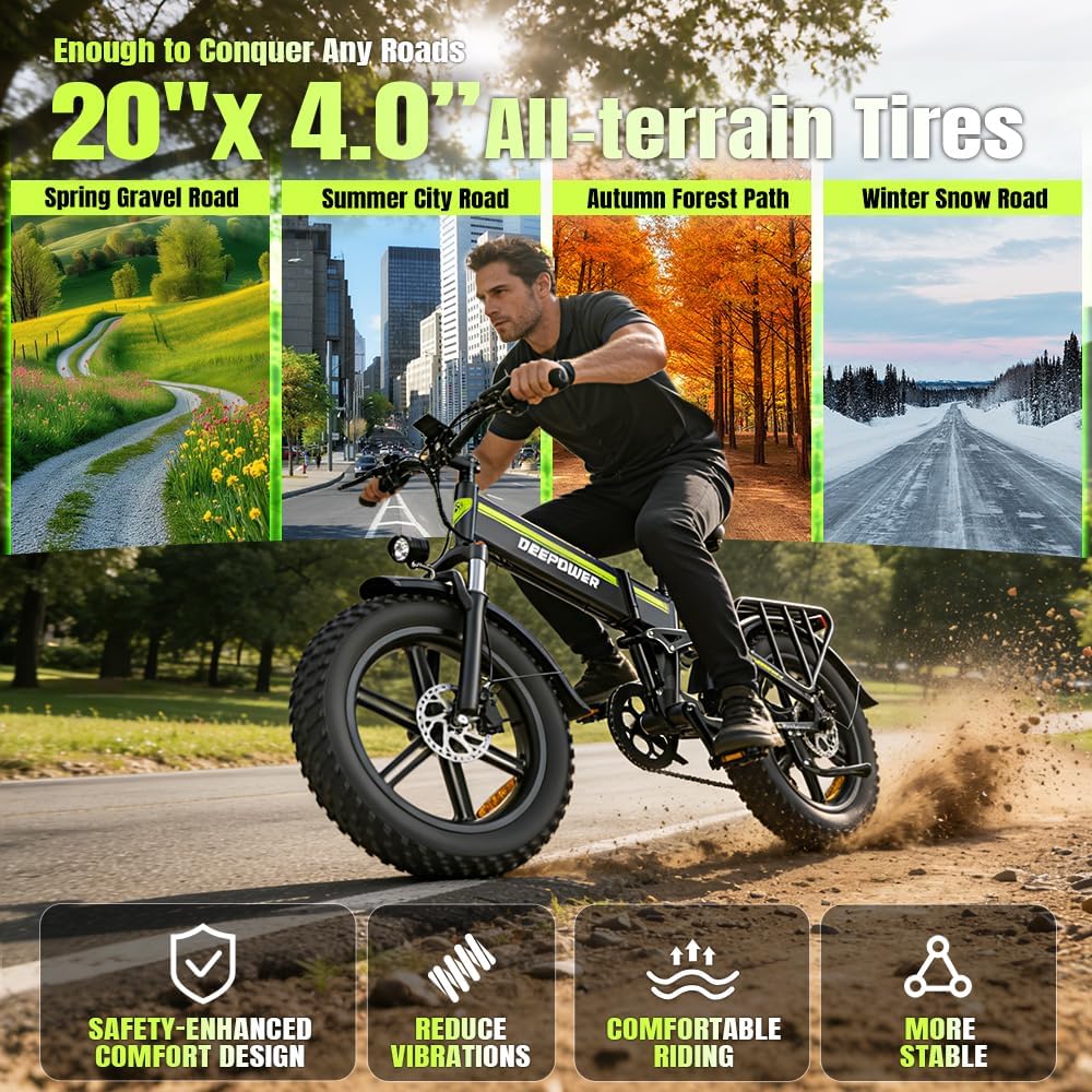 Bicicleta eléctrica plegable, batería extraíble 48 V 25 Ah, autonomía 110 KM, bicicleta eléctrica con neumáticos grasos 20" x 4, suspensión completa, freno hidráulico, 7 velocidades, bicicleta