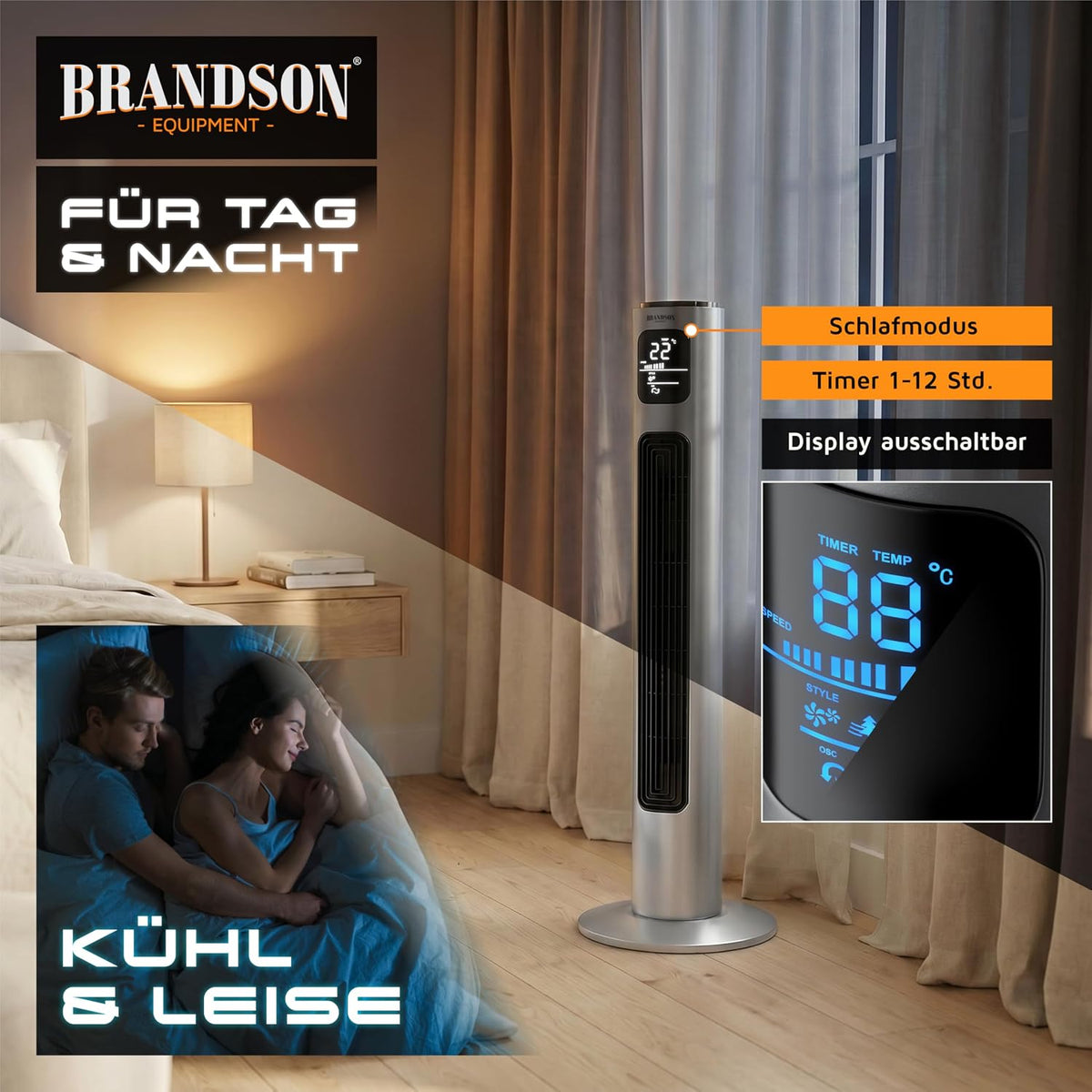 Brandson - Turmventilator mit Fernbedienung 96 cm - Preisträger 2026 - mobiler Lüfter leise - Standventilator Oszilation - 3 Geschwindigkeiten 3 Modi Timer - Ventilator mit GS - Steelsilver
