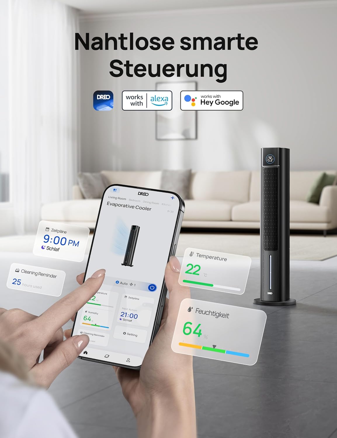 DREO Turmventilator mit Wasserkühlung, 110 cm Luftkühler mit Wasserkühlung Leise, 4-Geschwindigkeiten-4-Modi Verdunstungskühler, APP-Steuerung, Eisbeutel, 80° Oszillation, 12-Std. Timer, Schwarz