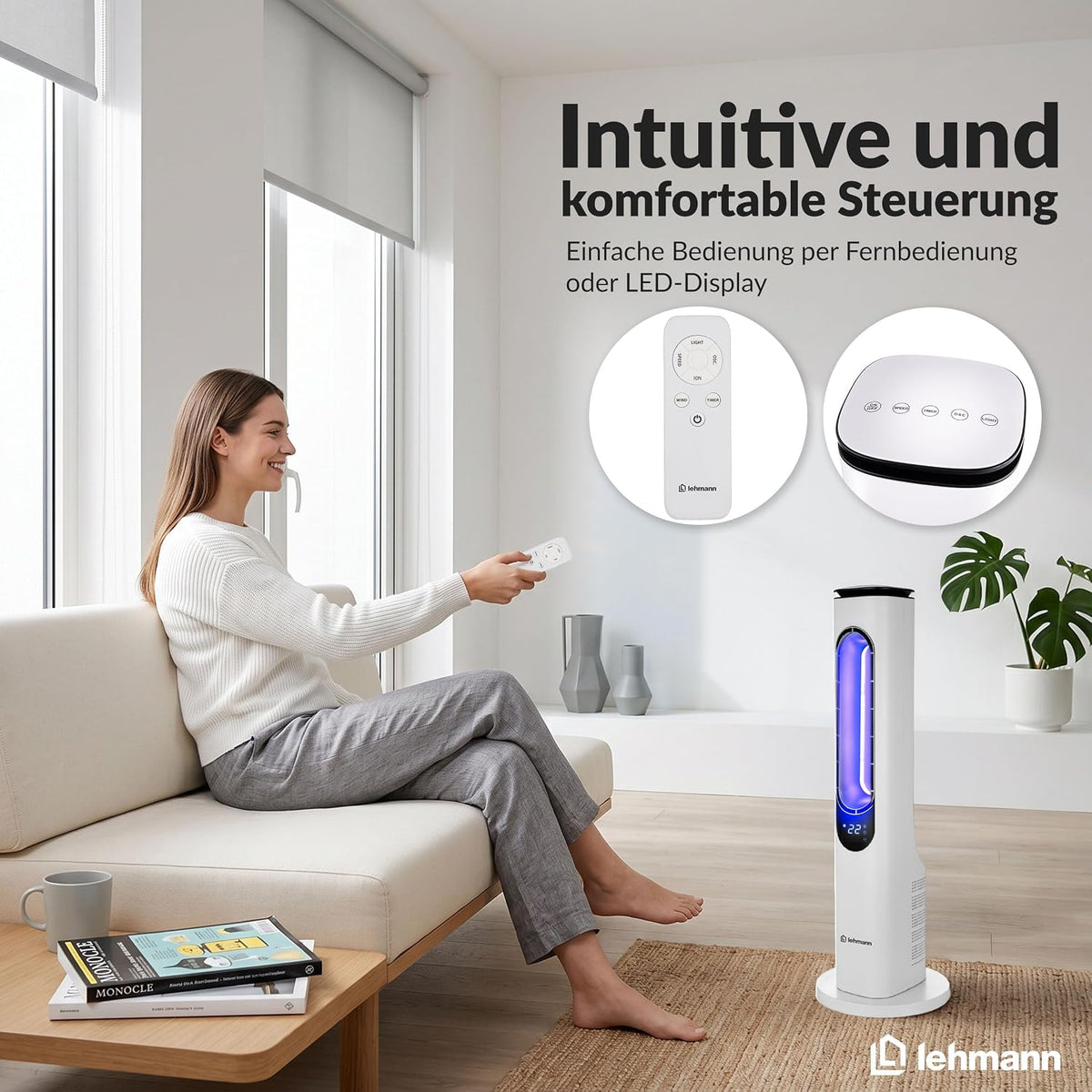 LEHMANN Turmventilator mit Fernbedienung & LED-Display, leiser Ventilator mit Schlafmodus, 15 h Timer, 3 Lichtfarben, 3 Modi, 3 Geschwindigkeiten, oszillierender Standventilator ohne Rotorblätter