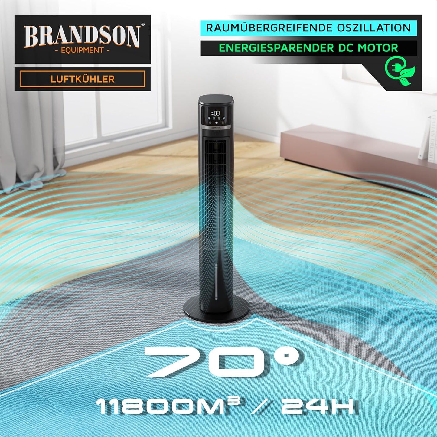 Brandson – mobiler Luftkühler mit Wasserkühlung im ECO Design - DC Motor sehr leise - 60% Energieeinsparung - Sieger Ventilatoren und Luftkühler 2026 - Turmventilator – Oszillation – Ion Funktion