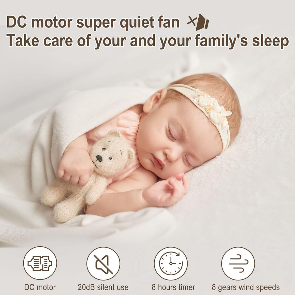 MYCARBON Ventilator sehr leise DC Motor 20dB 1850m³/h Luftmenge 8 Stufe ECO Modi Tischventilator 3D Luftumwälzer für 30m² Schlafzimmer Turbo Ventilator 8h Timmer