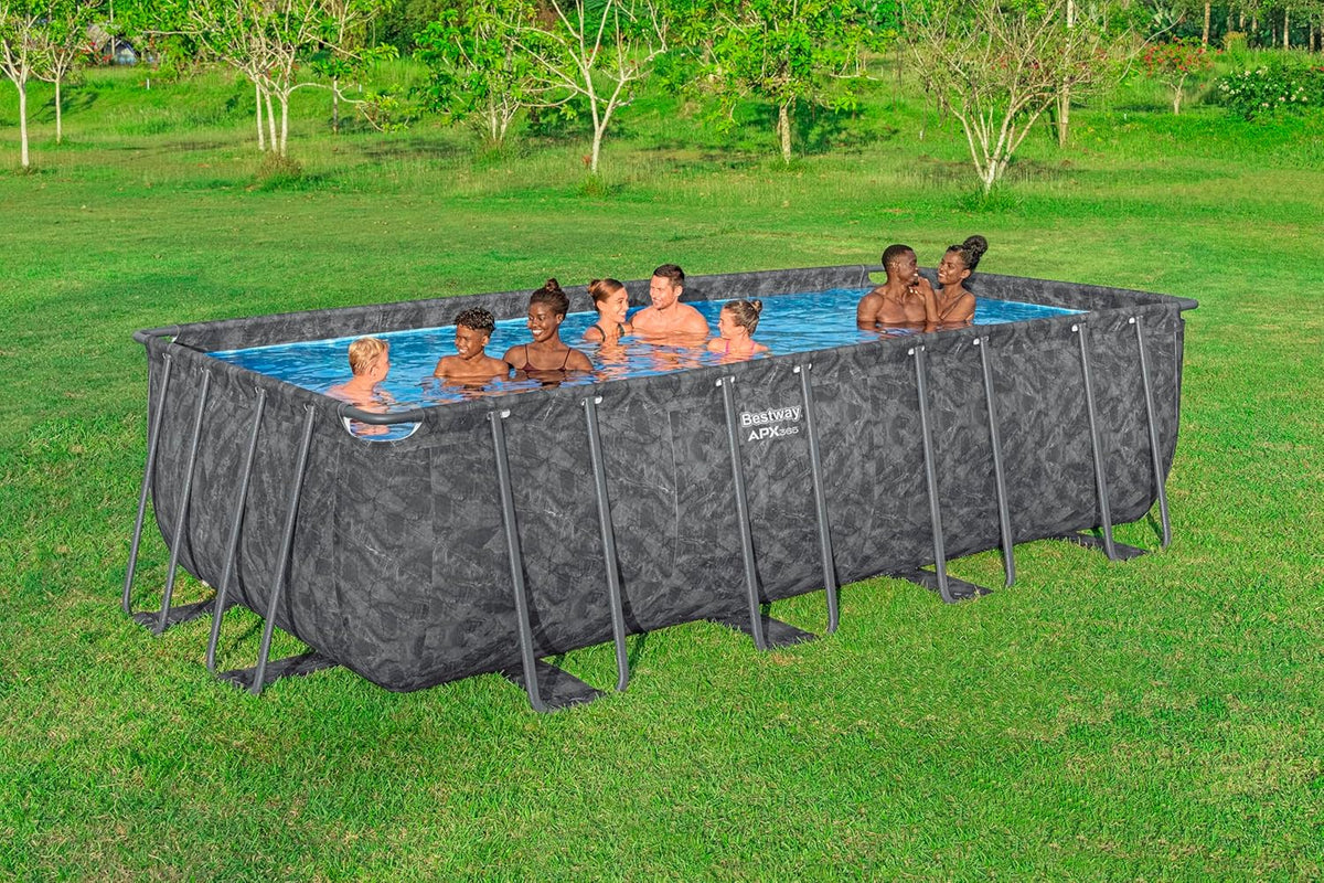 Bestway APX365 Winterfestes Frame Pool Set, Sandfilteranlage, 549 x 274 x 132 cm, 16.477 L, Stahlrahmen, Polar-Shield, Dunkle Marmor-Optik, Sicherheitsleiter, Abdeckplane, Werkzeugloser Aufbau, DEKRA