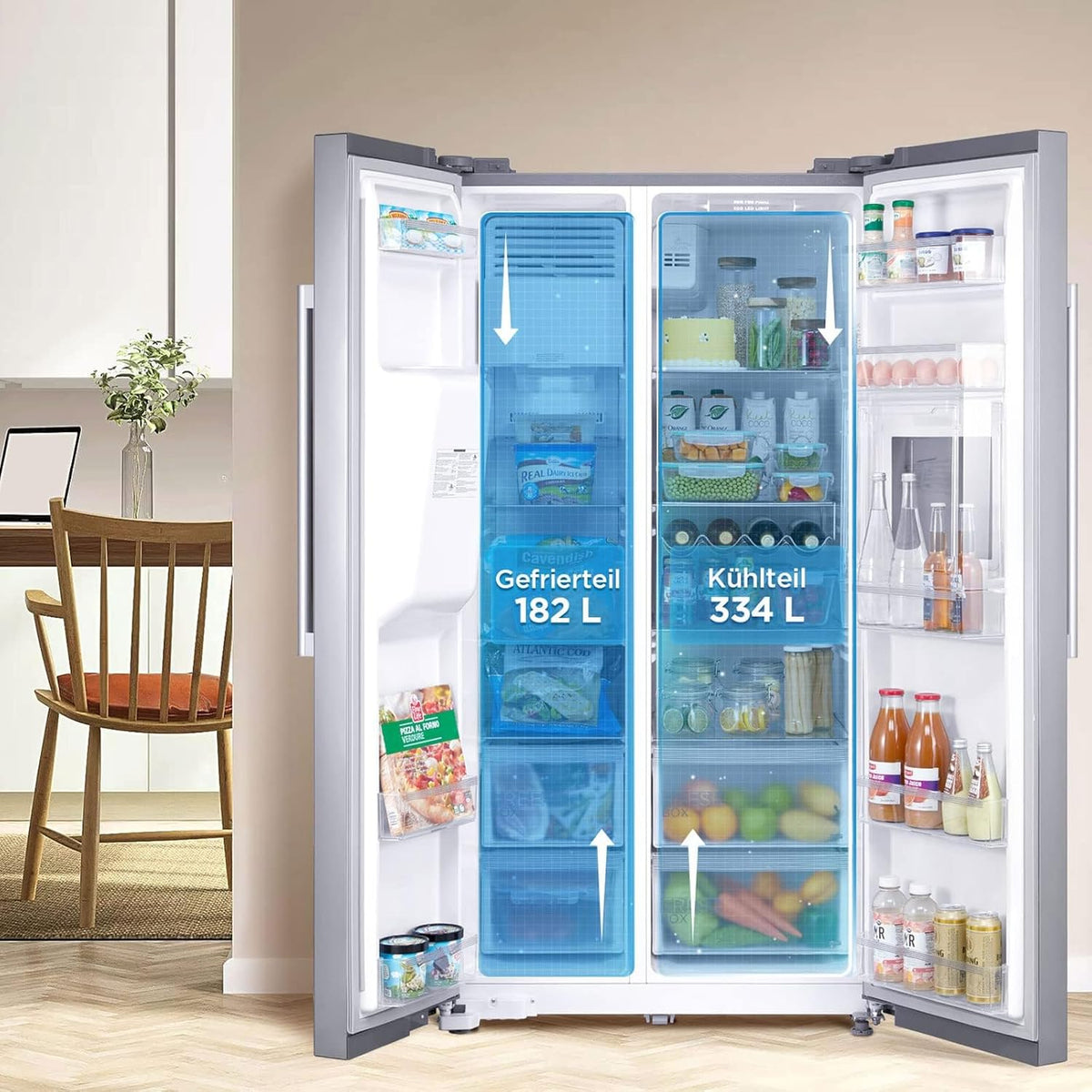 Midea KS-DDX 6.32 WT Side-by-Side Kühl-/Gefrierkombination/ 178,8 cm Hhe/ 254 kWh/Jahr/No Frost/Dual Inverter Compressor/mit 3in1 Wasser-/Eisspender und Wassertank, Dark Inox