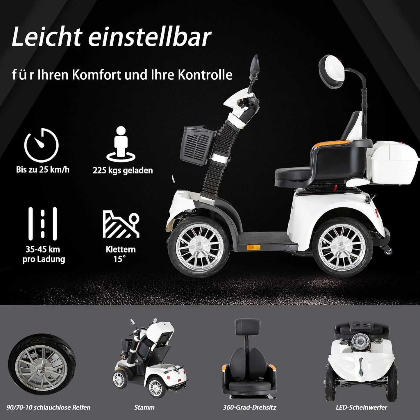 2025 Scooter de movilidad ZVGREEN de 4 ruedas – modelo para personas mayores con asiento tipo capitán – hasta 15 km/h – gran espacio de almacenamiento – asiento giratorio – freno electromagnético