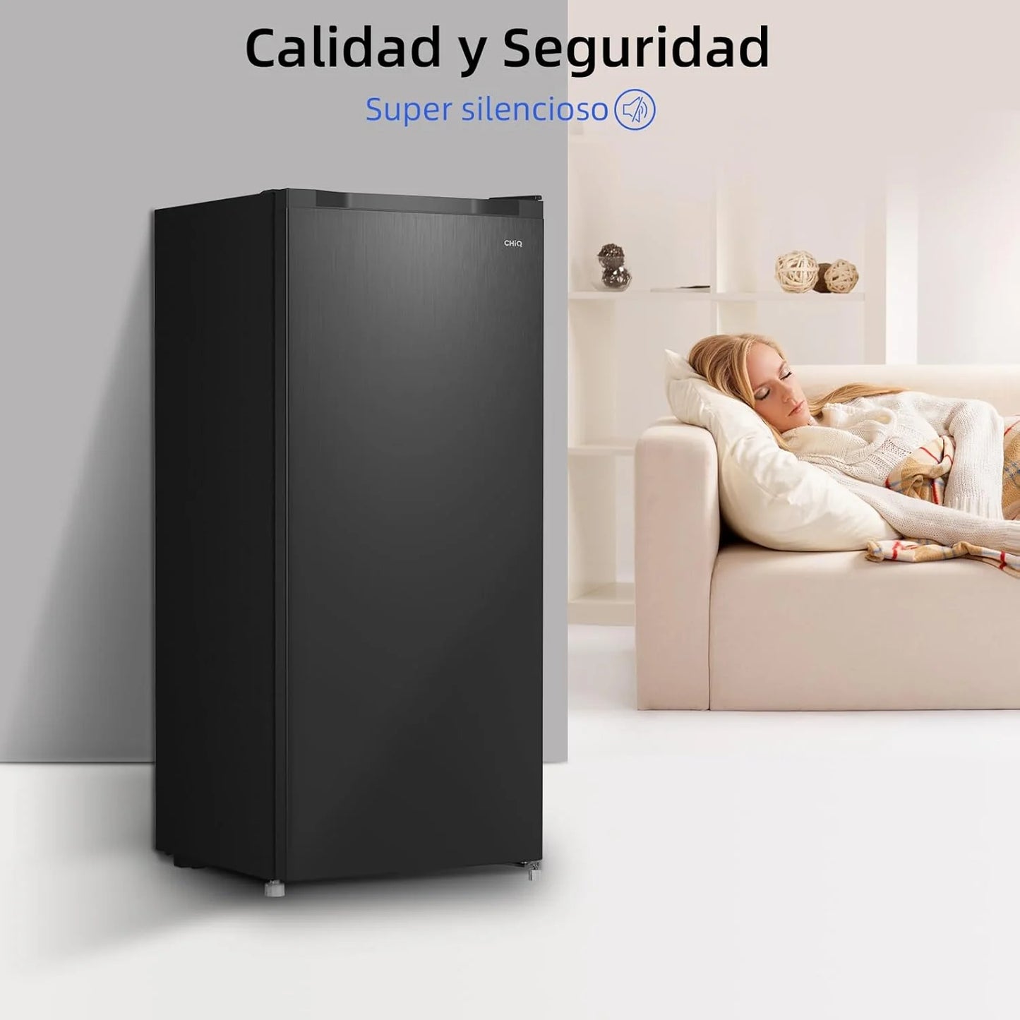 Congelador vertical independiente CHiQ, 145L de capacidad, congelación rápida, termostato ajustable, silencioso, puerta reversible, negro, clasificación energética E