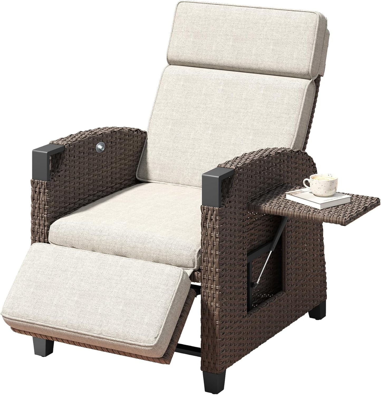 Amopatio Relaxliege Liegesessel, Rattan Sonnenliege mit Verstellbar Rückenlehne und Klapptisch, Outdoor Gartensessel wetterfestes, für Terrasse, Garten, Balkon – Beige & Braun