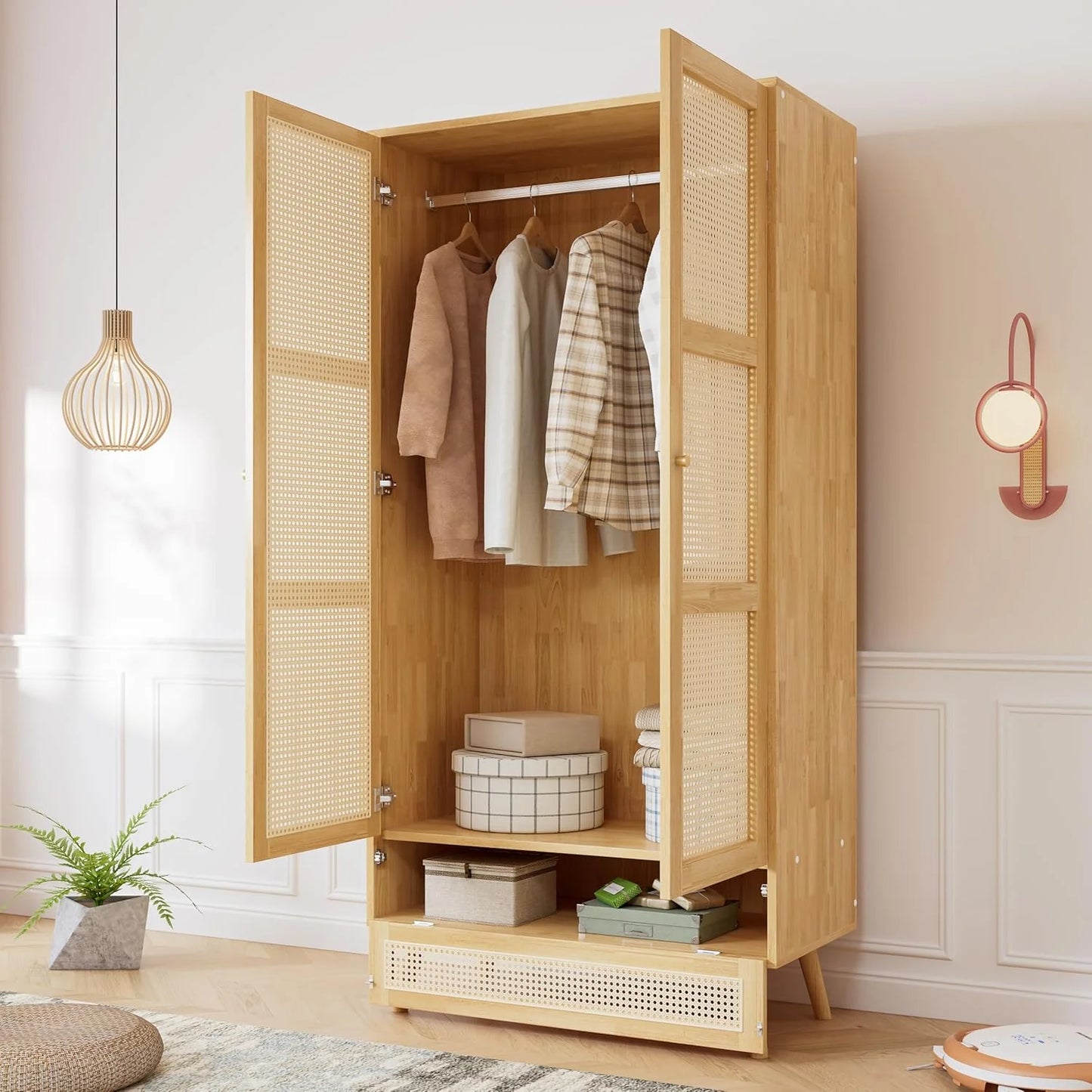 Soweiz Armario con barra, armario de 2 puertas, dormitorio, red de ratán, sala de estar, con tapa inferior abatible, tableros de partículas+ratán de polietileno, natural