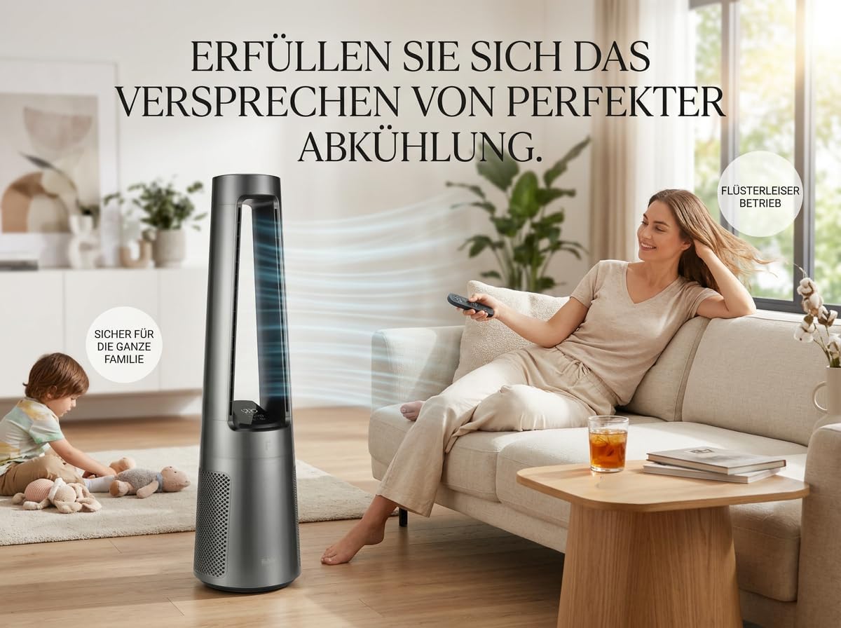 Fakir TVL 100 Flügelloser Turmventilator - DC-Motor, 12 Lüfterstufen, 30 dB(A), 60° Oszillation, 12h Timer, LED Touch Display, Fernbedienung, Anthrazit